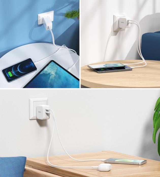 Bild 4, Choetech Choetech 40W 3A 2x USB-C Power Delivery Snabbladdare - Vit - Teknikhallen.se