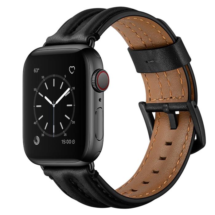 Bild 2,  Äkta Läder Armband Apple Watch 42/44/45/46/49 mm Svart - Teknikhallen.se