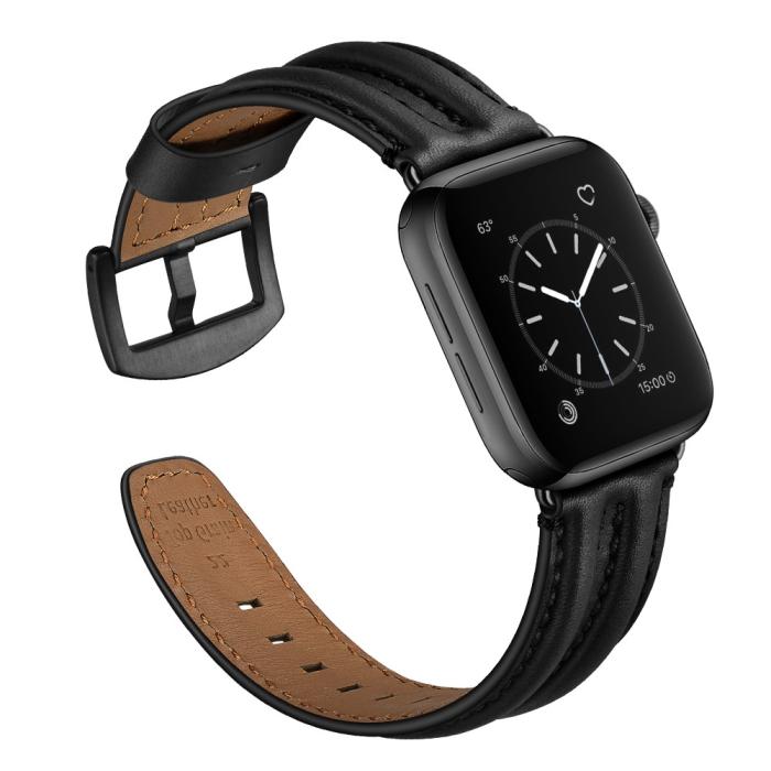 Bild 3,  Äkta Läder Armband Apple Watch 42/44/45/46/49 mm Svart - Teknikhallen.se