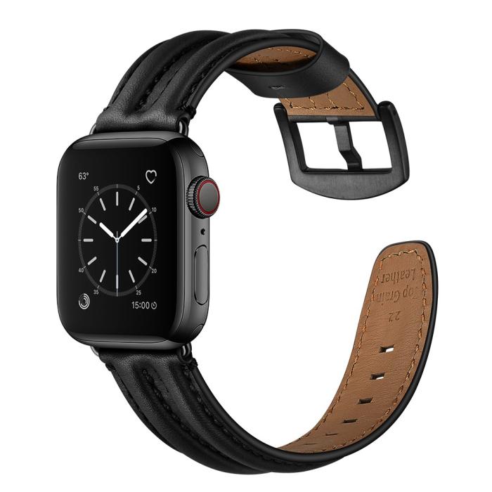 Bild 4,  Äkta Läder Armband Apple Watch 42/44/45/46/49 mm Svart - Teknikhallen.se