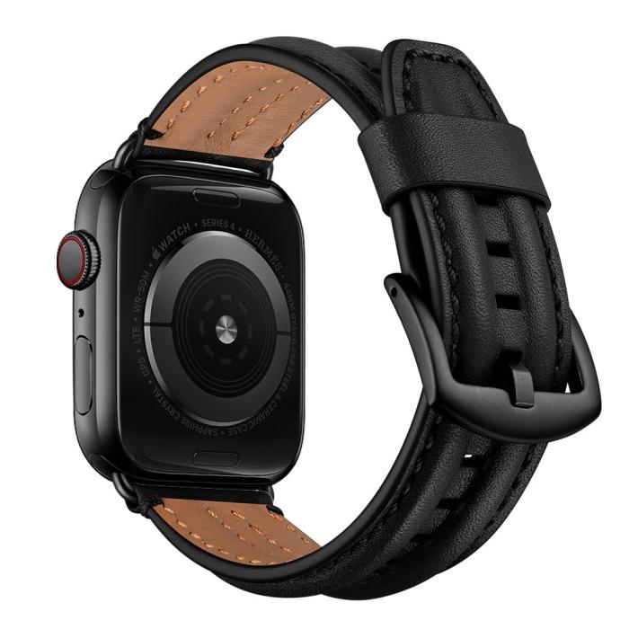 Bild 5,  Äkta Läder Armband Apple Watch 42/44/45/46/49 mm Svart - Teknikhallen.se