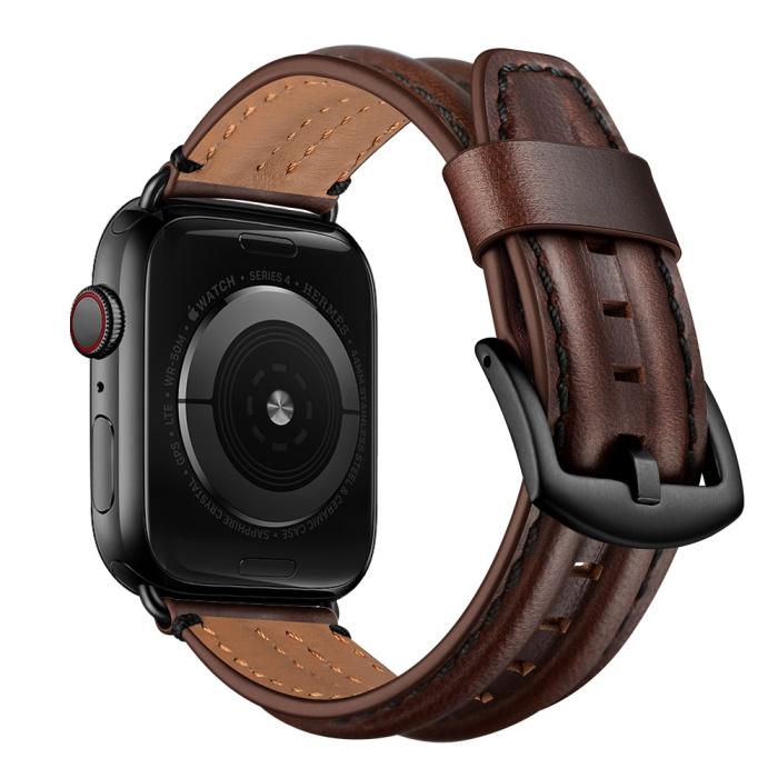 Bild 5,  Äkta Läder Armband Apple Watch 42/44/45/46/49 mm Mörk Brun - Teknikhallen.se