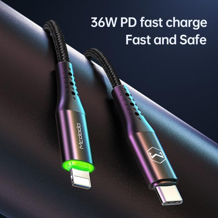 Bild 2, MCDODO Mcdodo 36W 1.2m USB-C - Lightning Kabel LED Svart - Teknikhallen.se