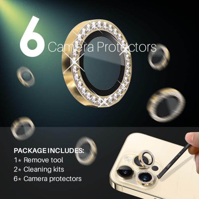 Bild 3, NORTHJO NORTHJO iPhone 15 Pro/Pro Max/14 Pro/Pro Max Linsskydd Strass 2-PACK Guld - Teknikhallen.se