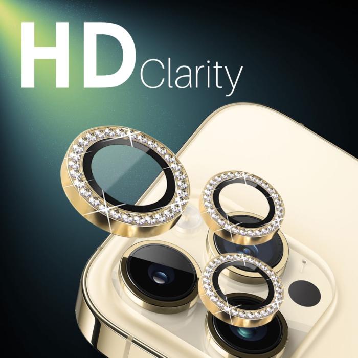 Bild 5, NORTHJO NORTHJO iPhone 15 Pro/Pro Max/14 Pro/Pro Max Linsskydd Strass 2-PACK Guld - Teknikhallen.se