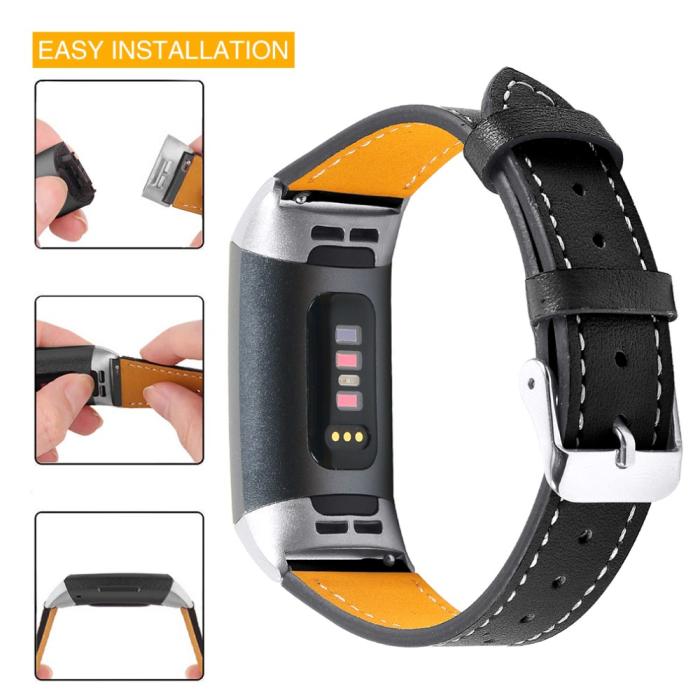 Bild 2,  Äkta Läder Armband Fitbit Charge 3 / 4 Svart - Teknikhallen.se