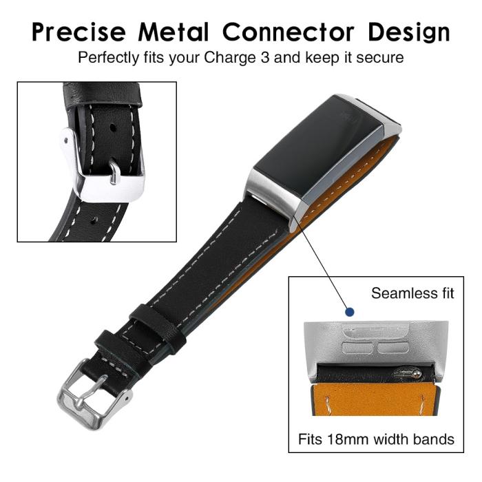 Bild 4,  Äkta Läder Armband Fitbit Charge 3 / 4 Svart - Teknikhallen.se