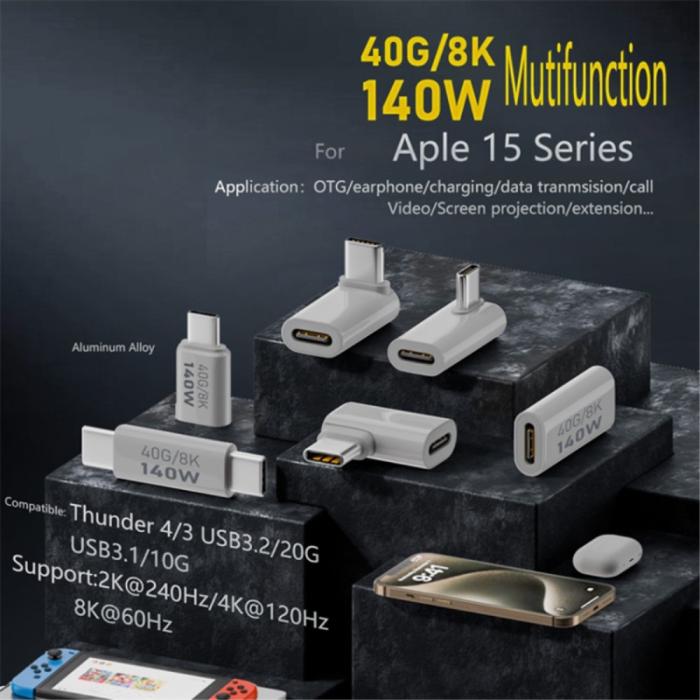 Bild 3,  140W USB 3.1 USB-C Hane till USB-C Hona Adapter 8K 40Gbps Vit - Teknikhallen.se