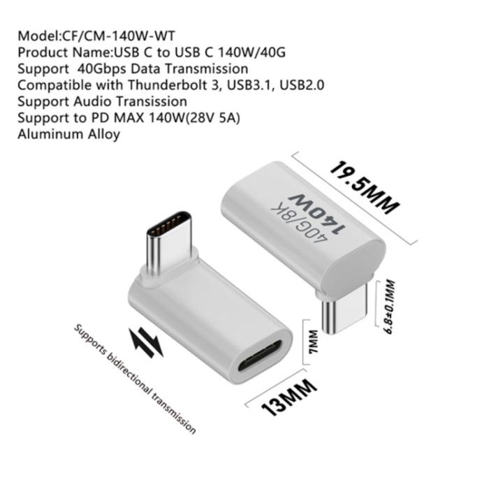 Bild 3,  140W USB 3.1 USB-C Hane till USB-C Hona Adapter 8K 40Gbps Vit - Teknikhallen.se