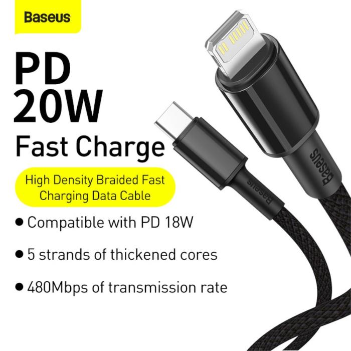 Bild 2, BASEUS BASEUS 1m 20W PD Type-C - Lightning Flätad Nylon Kabel - Svart - Teknikhallen.se