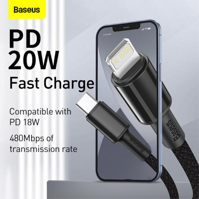 Bild 2, BASEUS BASEUS 2m 20W PD Type-C - Lightning Flätad Nylon Kabel - Svart - Teknikhallen.se