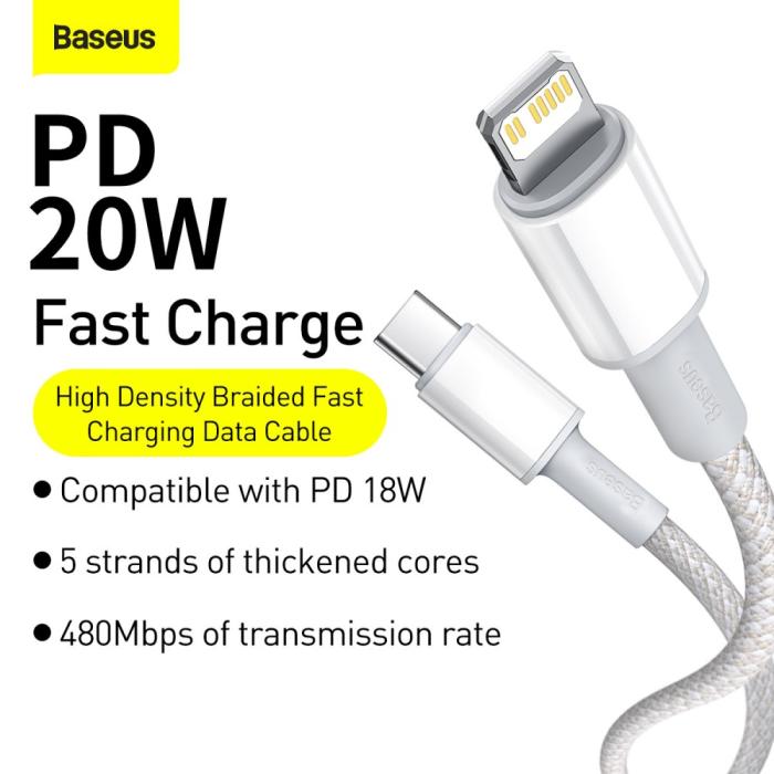 Bild 2, BASEUS BASEUS 2m 20W PD Type-C - Lightning Flätad Nylon Kabel - Vit - Teknikhallen.se