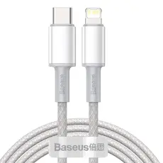 BASEUS BASEUS 2m 20W PD Type-C - Lightning Fl&auml;tad Nylon Kabel - Vit - Teknikhallen.se