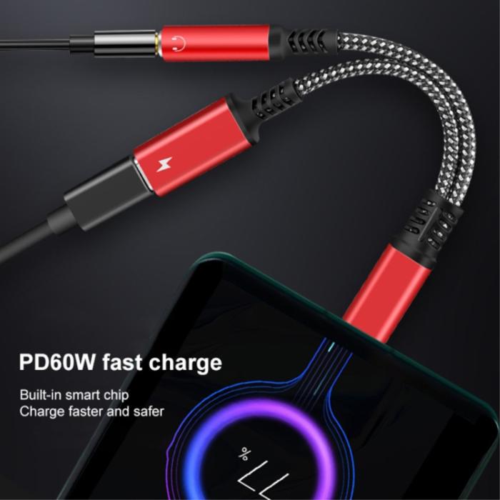 Bild 3,  60W PD 2in1 USB-C Till USB-C/AUX-Hona Adapter Silver - Teknikhallen.se