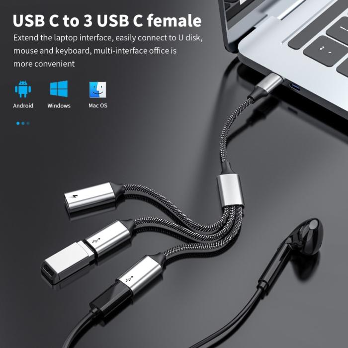 Bild 2,  3in1 60W USB-C - 3x USB-C Hona Adapter Silver - Teknikhallen.se