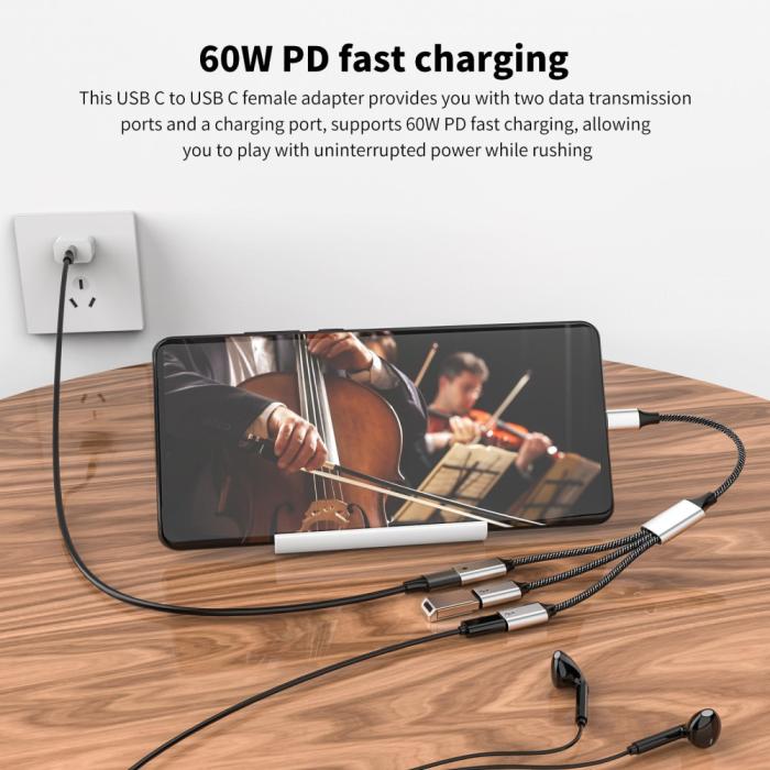 Bild 4,  3in1 60W USB-C - 3x USB-C Hona Adapter Silver - Teknikhallen.se