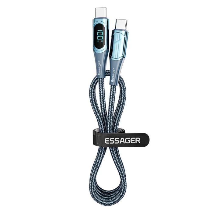 Bild 2, ESSAGER ESSAGER 1m 100W USB-C - USB-C LED Snabbladdning Blå - Teknikhallen.se