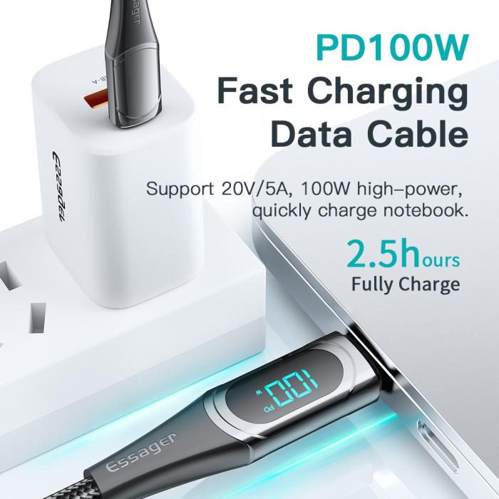 Bild 3, ESSAGER ESSAGER 1m 100W USB-C - USB-C LED Snabbladdning Blå - Teknikhallen.se