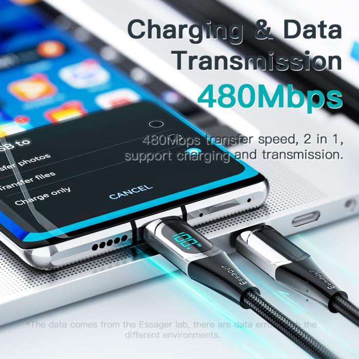 Bild 4, ESSAGER ESSAGER 1m 100W USB-C - USB-C LED Snabbladdning Blå - Teknikhallen.se