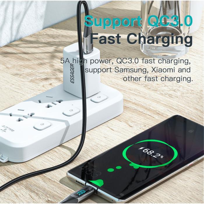 Bild 5, ESSAGER ESSAGER 1m 100W USB-C - USB-C LED Snabbladdning Blå - Teknikhallen.se