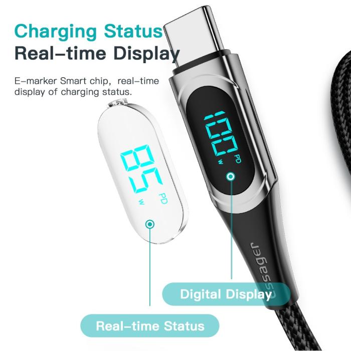Bild 6, ESSAGER ESSAGER 1m 100W USB-C - USB-C LED Snabbladdning Blå - Teknikhallen.se
