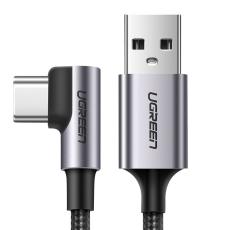 UGREEN Ugreen 2m 3A Elbow USB-C Fl&auml;tad Nylonkabel - Gr&aring; - Teknikhallen.se