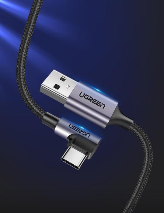 Bild 2, UGREEN Ugreen 2m 3A Elbow USB-C Flätad Nylonkabel - Grå - Teknikhallen.se