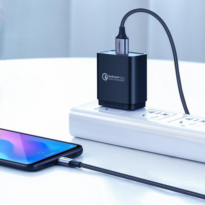 Bild 2, UGREEN Ugreen 3A 2m QC3.0 USB-C Flätad Nylonkabel - Grå - Teknikhallen.se