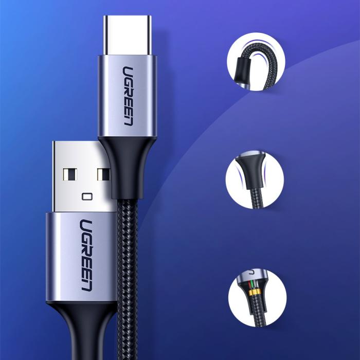 Bild 3, UGREEN Ugreen 3A 2m QC3.0 USB-C Flätad Nylonkabel - Grå - Teknikhallen.se