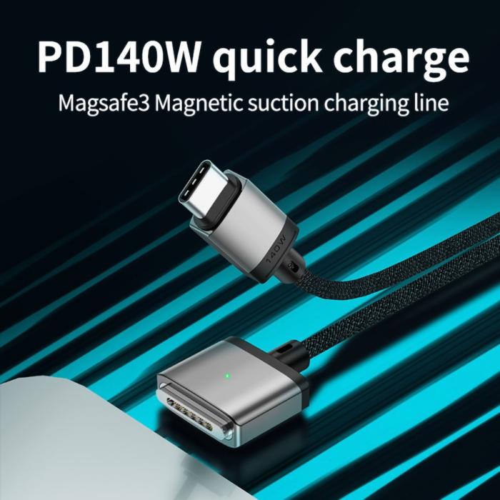 Bild 2,  2m 140W USB-C - MagSafe 3 Magnetisk Nylon Kabel Blå - Teknikhallen.se
