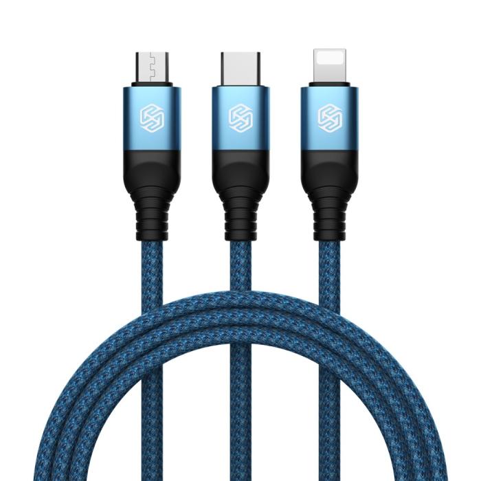 Bild 2, NILLKIN NILLKIN 4.4A 3in1 Lightning/USB-C/MicroUSB Laddningskabel Nylon Blå - Teknikhallen.se