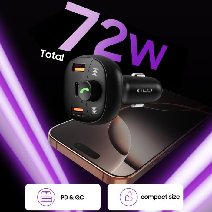 Bild 4, Tech-Protect Tech-Protect 72W PD USB-C / USB-A Billaddare Med Bluetooth FM Sändare - Teknikhallen.se