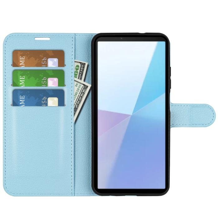 Bild 5,  Sony Xperia 10 VII Fodral Litchi Läder Blå - Teknikhallen.se