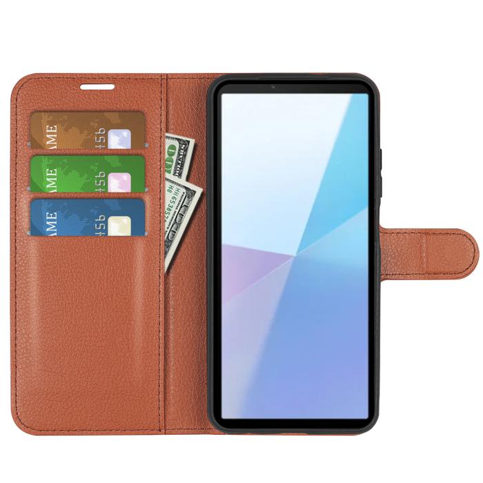 Bild 5,  Sony Xperia 10 VII Fodral Litchi Läder Brun - Teknikhallen.se