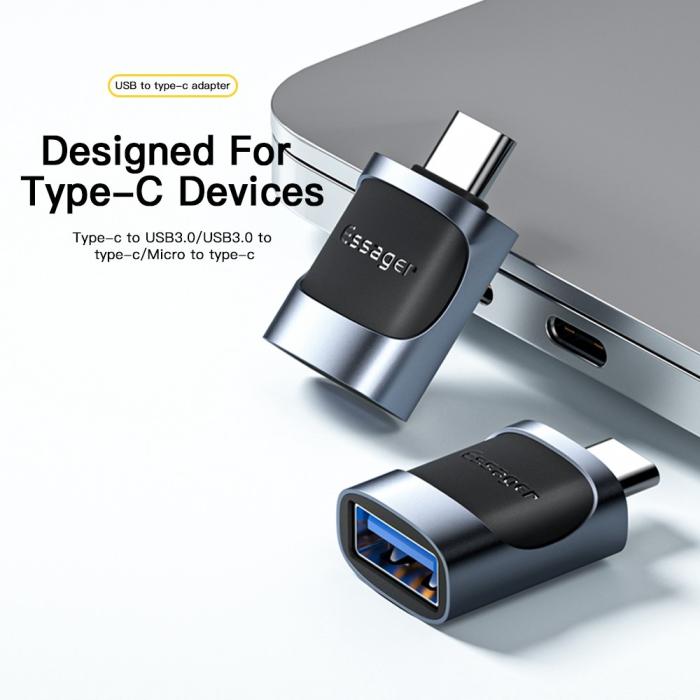 Bild 2, ESSAGER ESSAGER USB-A Hona till USB-C 3.0 Adapter, 5Gbps Svart - Teknikhallen.se