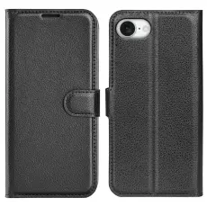  iPhone 17e / 16e Fodral Litchi L&auml;der Svart - Teknikhallen.se