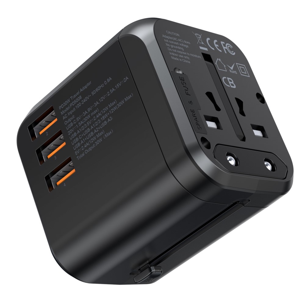 Choetech Choetech 30W PD Reseadapter 3x USB-A 1x USB-C Svart - Teknikhallen.se