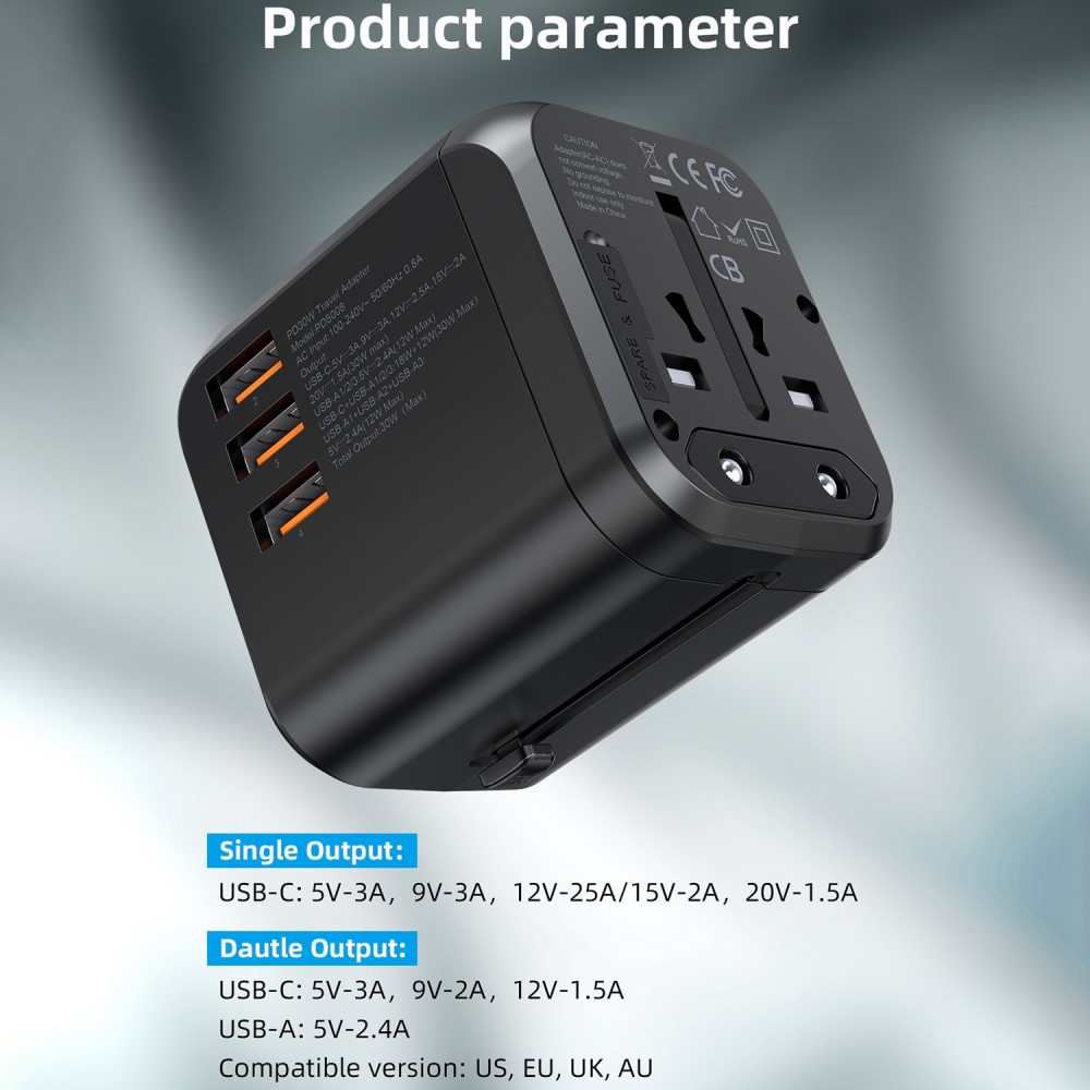 Choetech Choetech 30W PD Reseadapter 3x USB-A 1x USB-C Svart - Teknikhallen.se