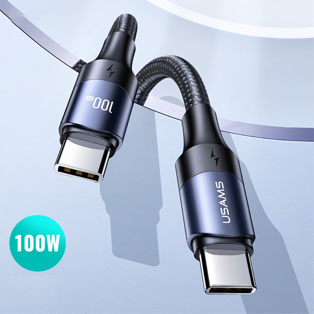 USAMS USAMS 2m 100W Snabbladdningskabel Nylon USB-C/USB-C Svart - Teknikhallen.se