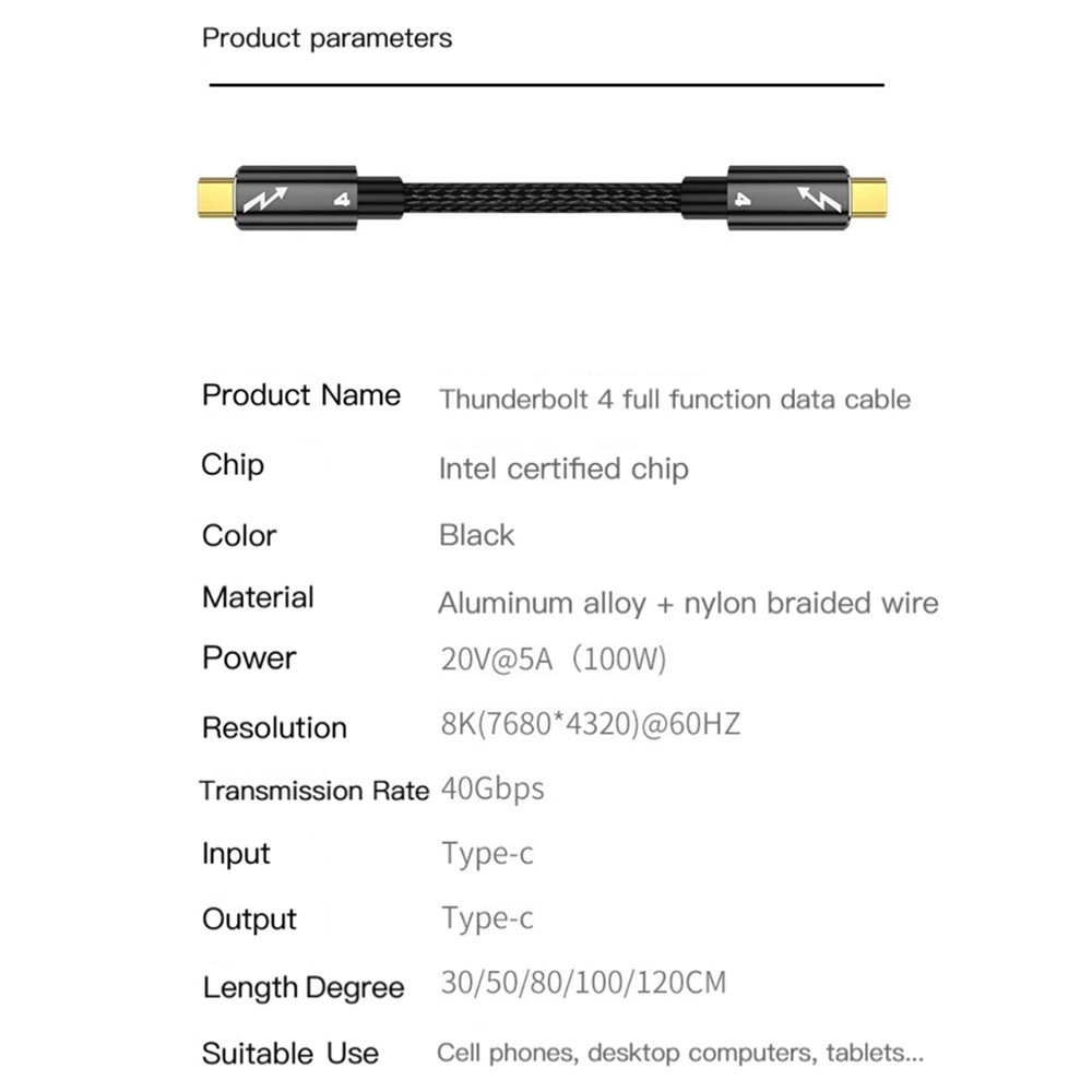  Thunderbolt 4 Kabel 1m USB-C 100W 8K 60Hz PD Svart - Teknikhallen.se