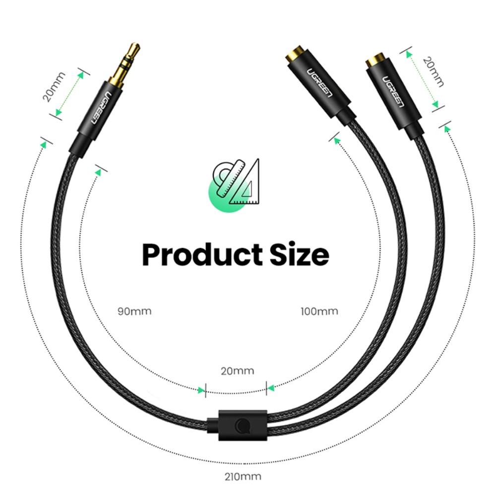 UGREEN UGREEN 25cm 3.5mm AUX Y-Splitter 1 Hane - 2 Hona Svart - Teknikhallen.se