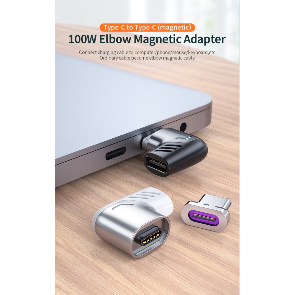 ESSAGER ESSAGER 100W 5A USB-C/USB-C Magnetisk Adapter Silver - Teknikhallen.se