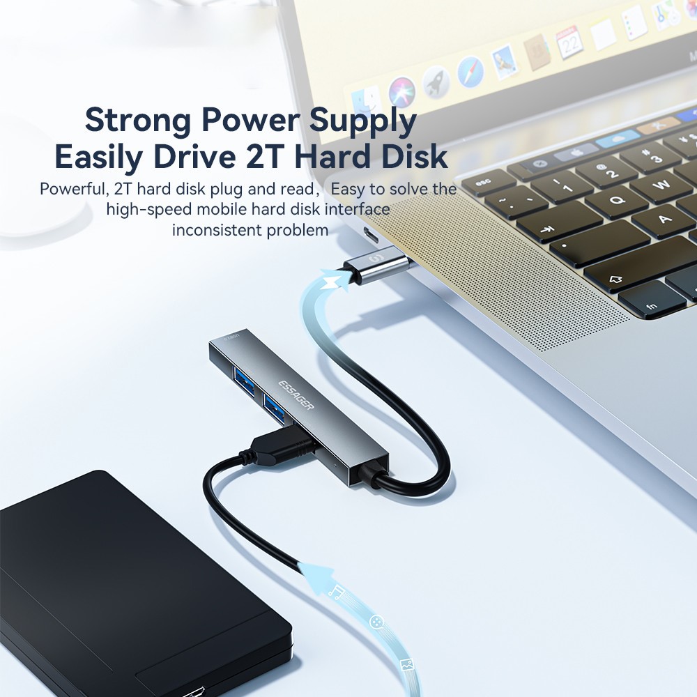 ESSAGER ESSAGER USB-C Hub 4x USB-A 2.0 Portar Aluminium Grå - Teknikhallen.se