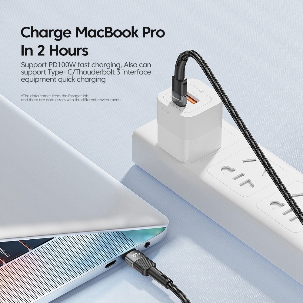 ESSAGER ESSAGER 2m 100W 5A PD USB-C - USB-C Laddningskabel Svart - Teknikhallen.se