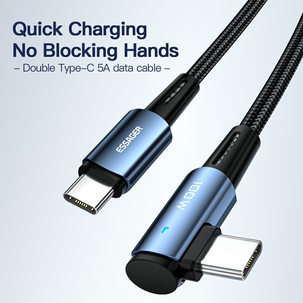 ESSAGER ESSAGER 2m 100W PD USB-C - USB-C Elbow Laddningskabel Svart - Teknikhallen.se