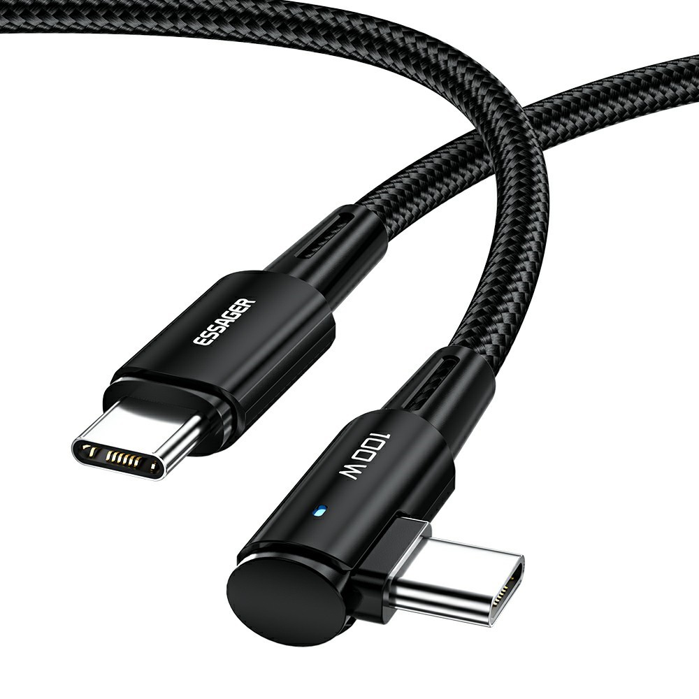 ESSAGER ESSAGER 3m 100W PD USB-C - USB-C Elbow Laddningskabel Svart - Teknikhallen.se