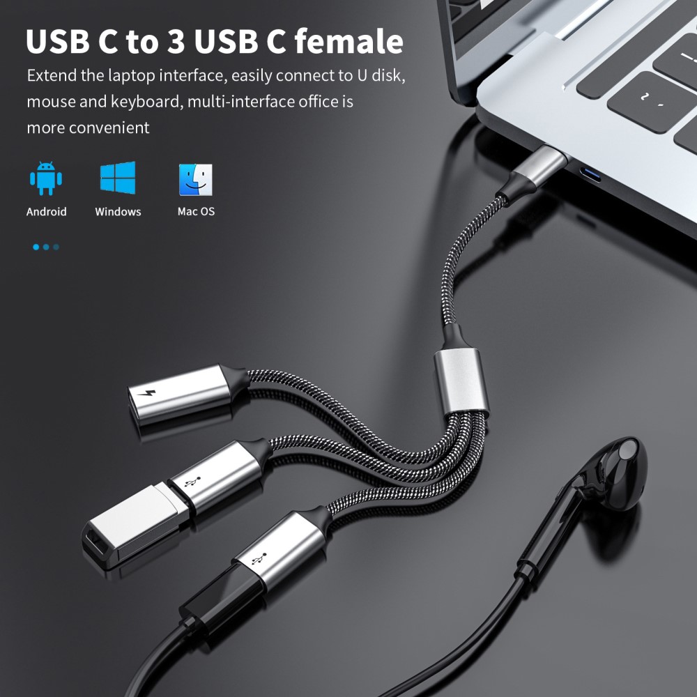  3in1 60W USB-C - 3x USB-C Hona Adapter Silver - Teknikhallen.se