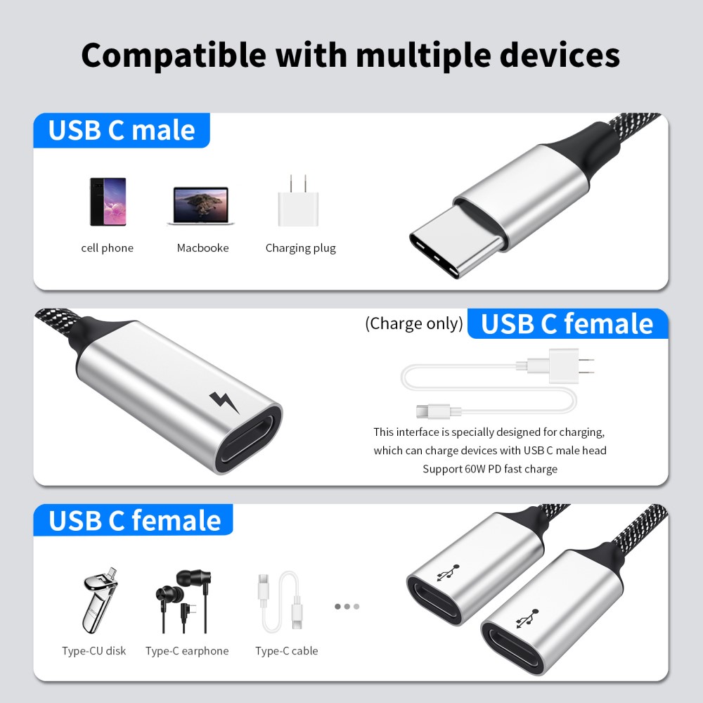  3in1 60W USB-C - 3x USB-C Hona Adapter Silver - Teknikhallen.se