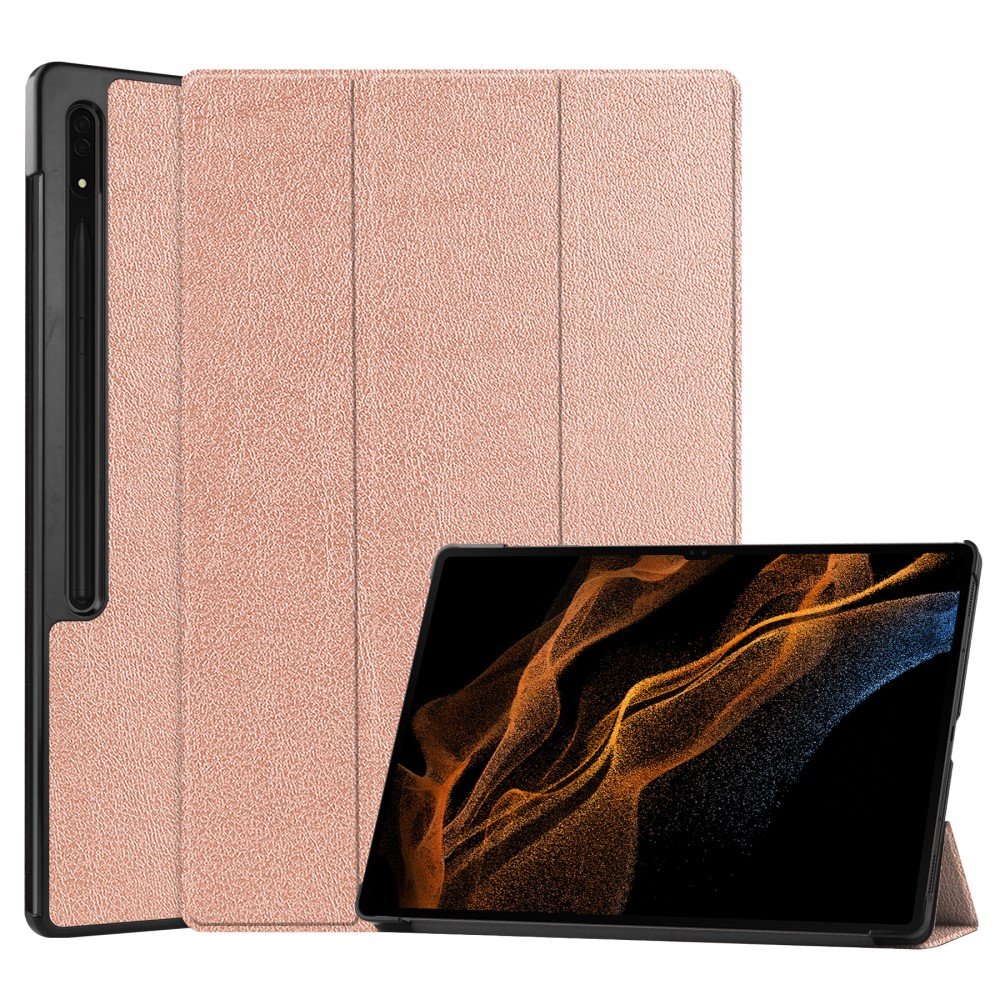  Samsung Galaxy Tab S9 Ultra Fodral Tri-Fold Läder Roséguld - Teknikhallen.se