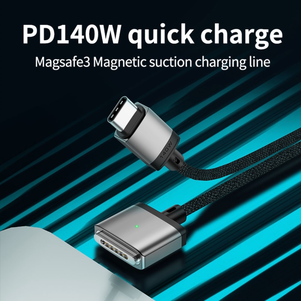  2m 140W USB-C - MagSafe 3 Magnetisk Nylon Kabel Grå - Teknikhallen.se